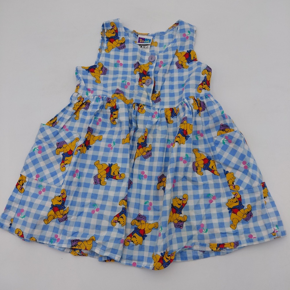 Vtg Disney Winnie the Pooh Gingham Dress Kids 5 Blue Check Cotton USA Pockets